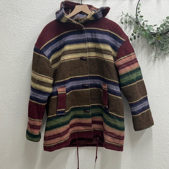 Vintage Other - Vintage Hand Knit Coat Tribal Wool Sweater Serape Colorblock Hobo USA Made 90s L